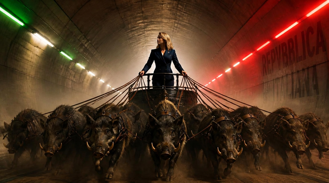 A stateswoman on a steel chariot holding the reins of fifteen wild boars charging down a tricolore-lit tunnel