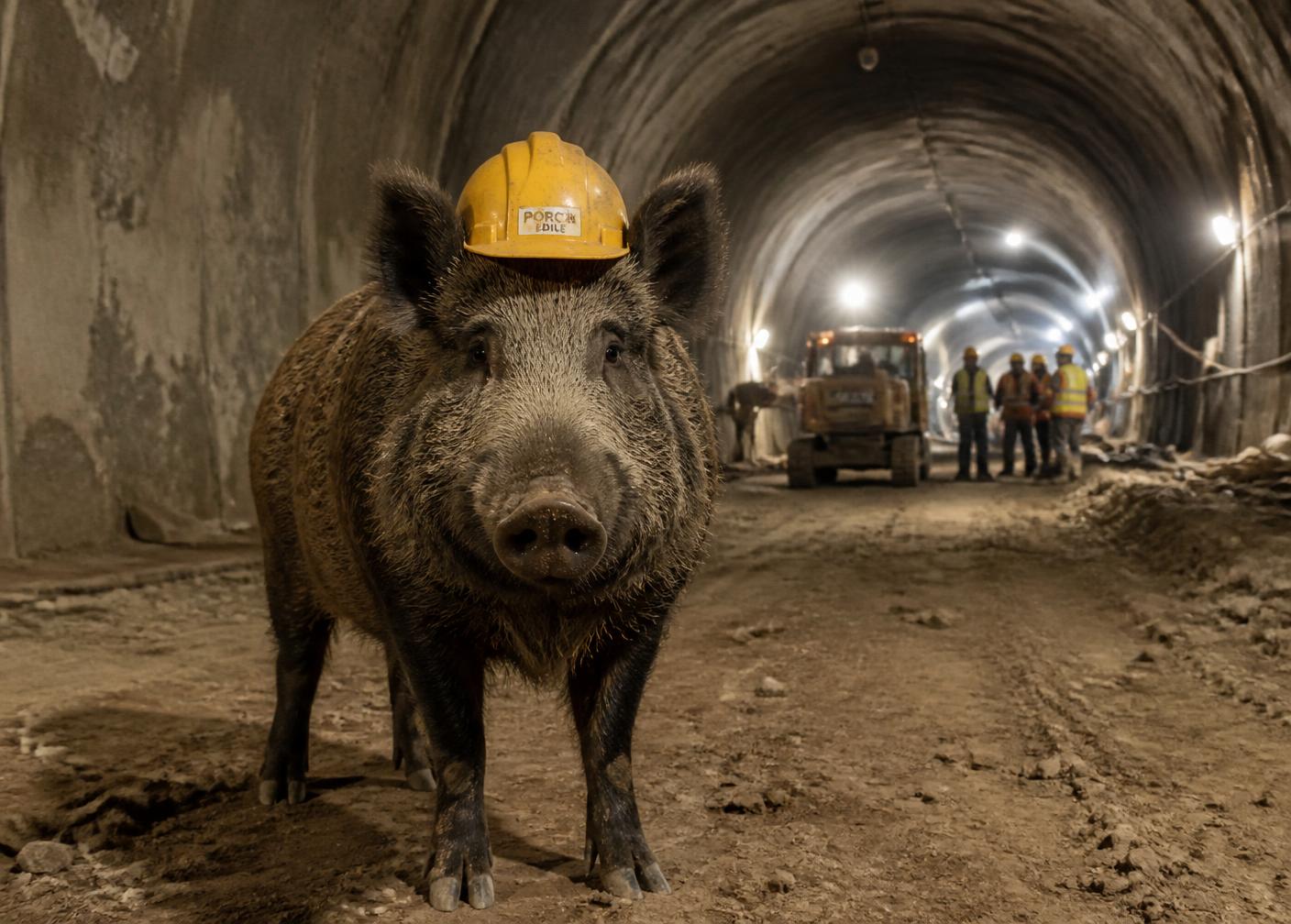 A wild boar in a hard hat standing in an Italian excavation tunnel